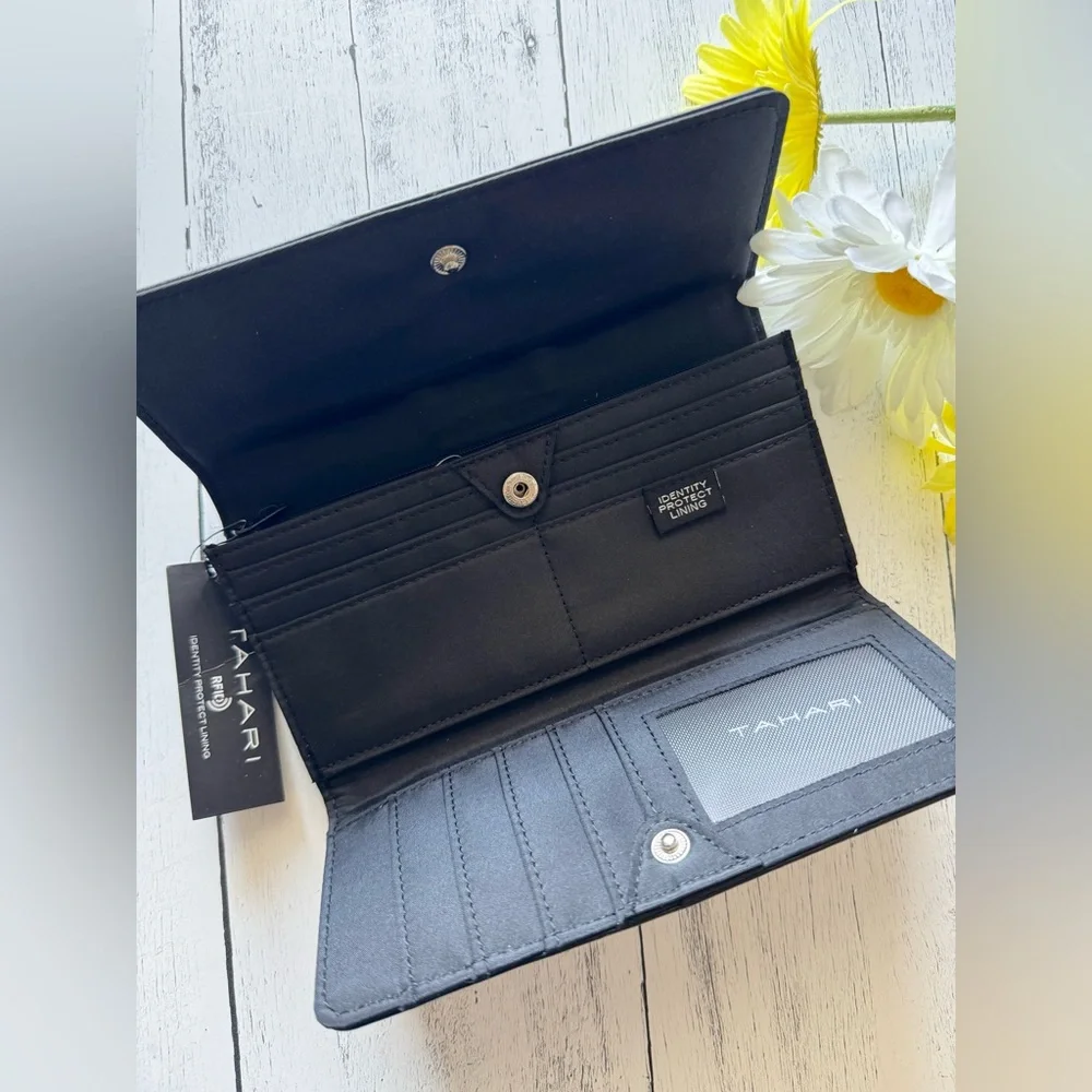 NWT Tahari Black Gray Stripe Tri-Fold Snap Wallet